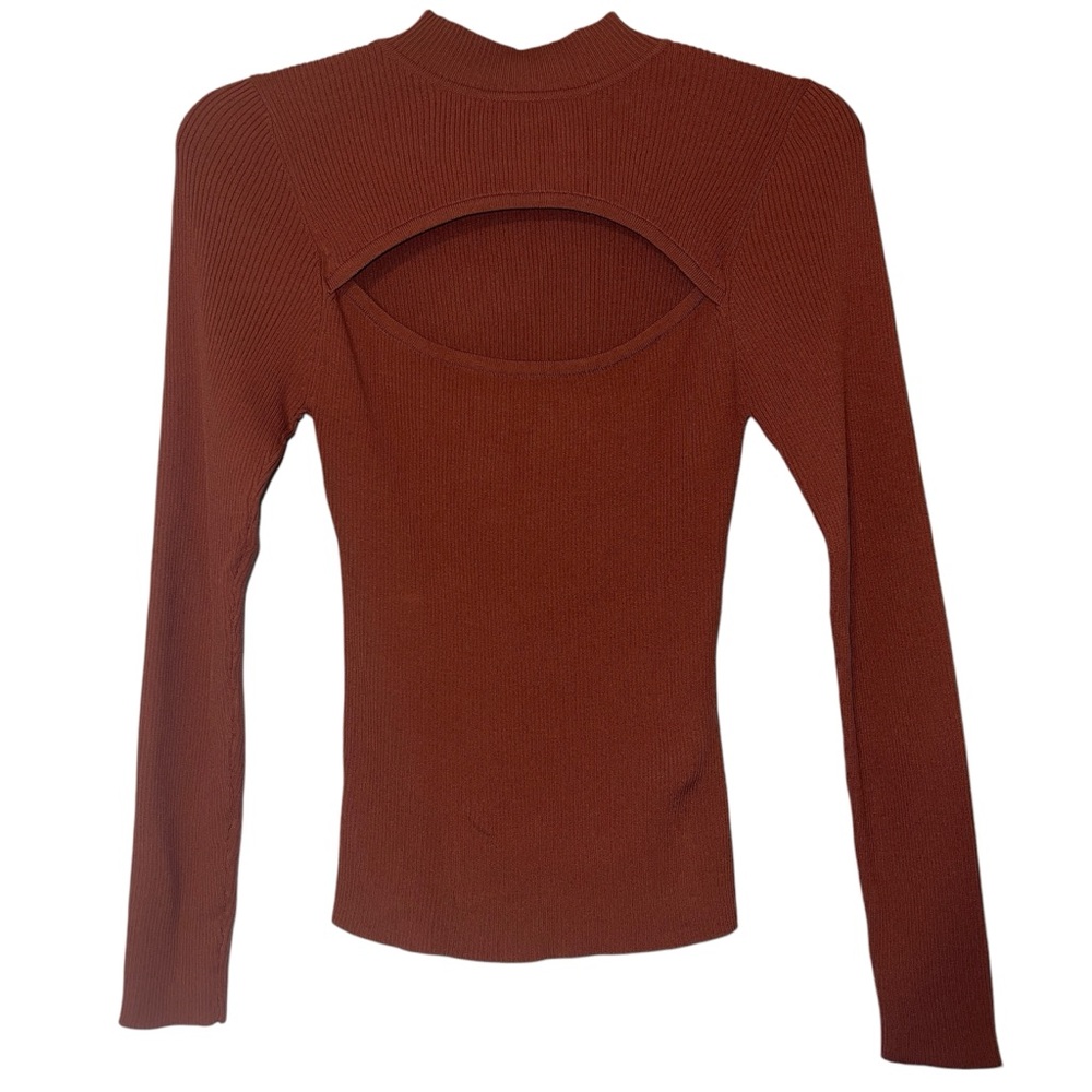 MINKPINK Rust Cut-Out Ribbed Mock Neck Long Sleeve Top Sz L
